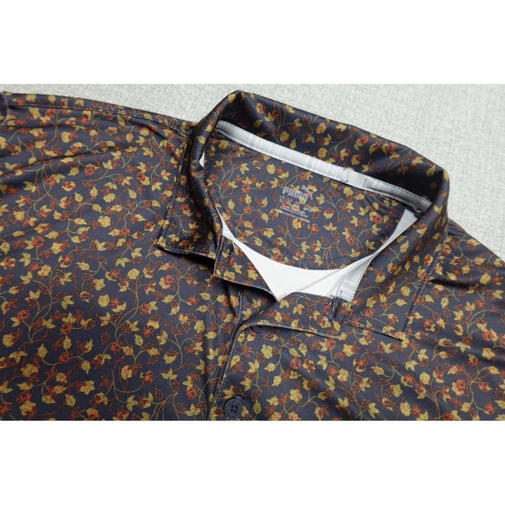 Puma Golf Polo Mens XL Blue Floral Print Golf Performance Lightweight Soft